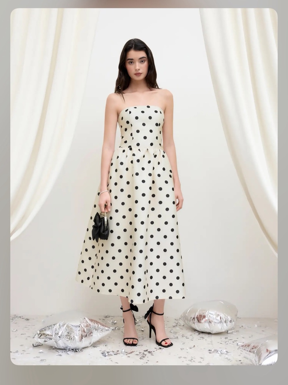 SCULPTURAL BANDEAU POLKA DOT SHIRRED MAXI DRESS L